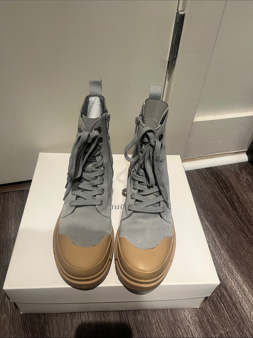 Women’s Gray Suede and Tan Lace-Up Combat Boots